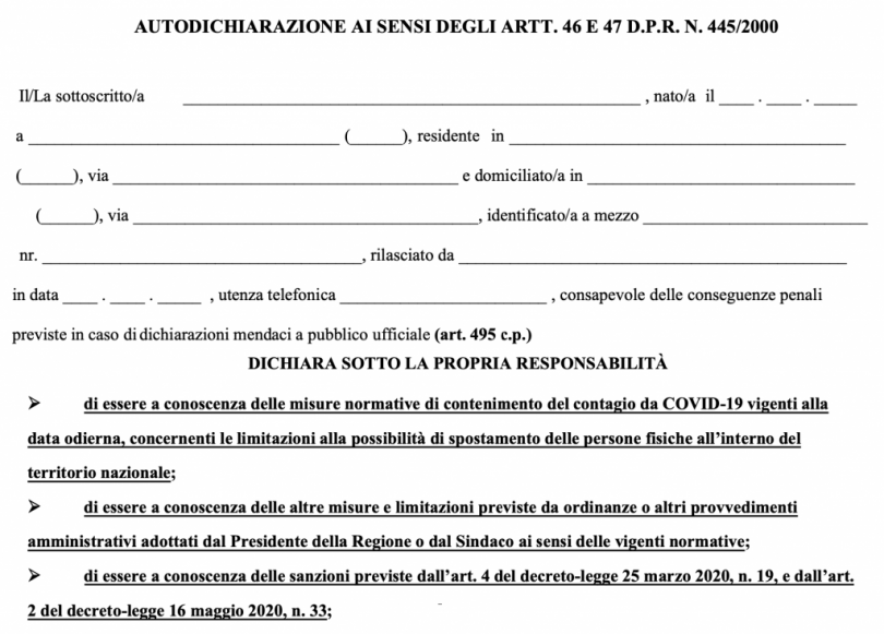 Con il DPCM del 3 novembre torna l'autocertificazione